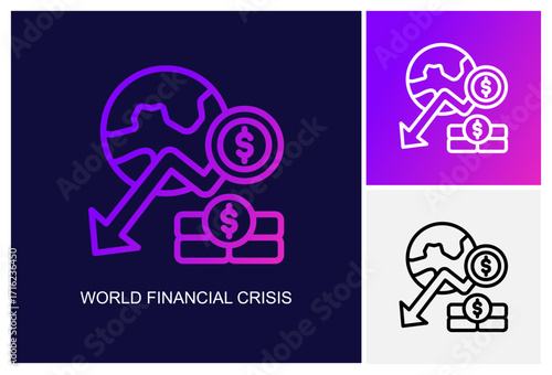 World Financial Crisis Icon.Style Is A Line Graphic Symbol In Black, Gradient, White Color Variants