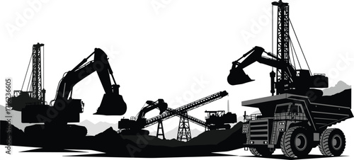 silhouette, mining, excavation, crane, excavator, dump, truck, bucket, earth, rock, construction, site, vector, black, icon, design, industrial, engineering, project, machinery