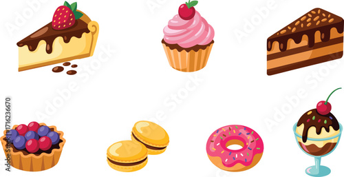 Delicious desserts collection, cheesecake, cupcake, chocolate cake, berry tart, macaron, donut, ice cream sundae, sweet treats, baked goods, candy dessert, pastry icon,