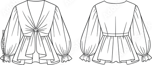 Elegant blouse fashion sketch, puff sleeve design, front and back view, women's clothing, garment pattern, fashion illustration, style template, romantic  