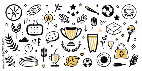 Doodle collection of sports trophies awards celebrations and iconic sports equipment illustrations