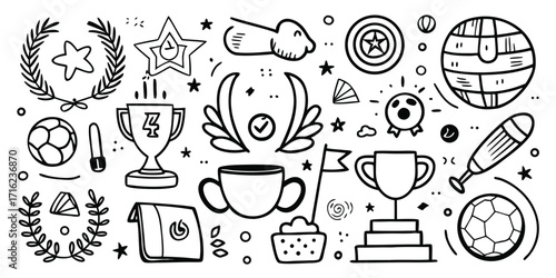 Collection of hand-drawn sports trophies medals balls and award symbols for celebration