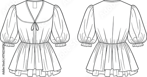 Elegant dress fashion sketch, puff sleeve design, front and back view, women's clothing, garment pattern, fashion illustration, style template, romantic outfit, 