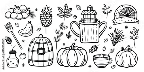 Whimsical hand-drawn autumn harvest elements collection featuring pumpkins fruit and tea