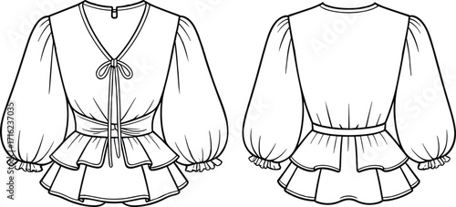 Elegant blouse fashion sketch, puff sleeve top, ruffle hem, front and back view, women's clothing, garment design, fashion illustration, style template, romantic outfit,, 