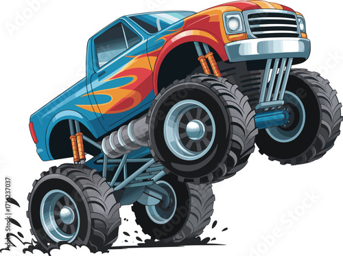 Monster truck illustration, off-road vehicle, big wheels, flame design, cartoon style, extreme sports, rally car, rugged truck, powerful engine, 4x4 vehicle, monster truck show, stun
