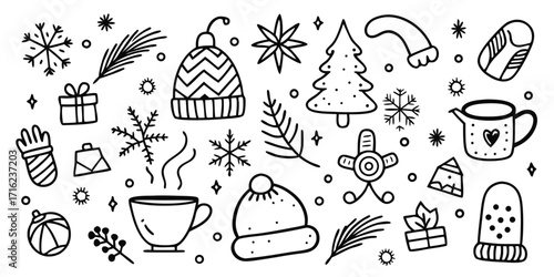 Cozy winter holiday celebration doodles festive christmas icons warm clothing gifts snowflakes