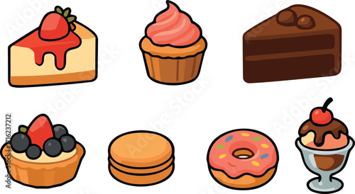 Sweet desserts collection, cheesecake, cupcake, chocolate cake, fruit tart, macaron, donut, ice cream sundae, delicious treats, baked g