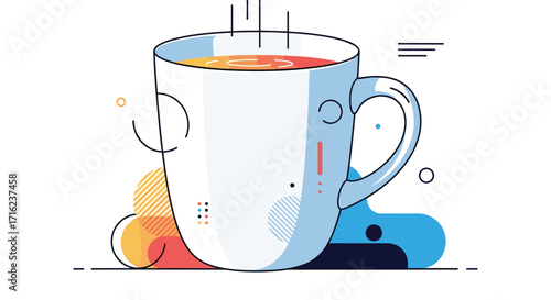 A steaming cup of coffee with colorful abstract shapes in the background.