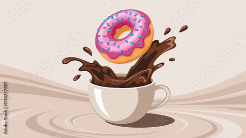 Delicious donut falling into a cup of hot chocolate generating a splash and creating a delightful indulgence in a sweet treat