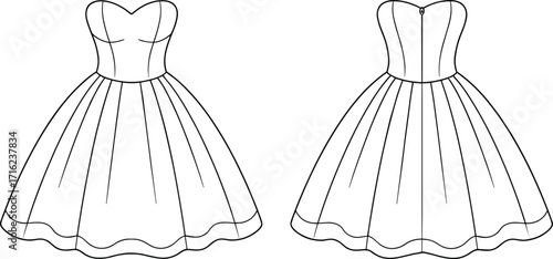 Elegant dress design sketch, fashion illustration, ball gown outline, bridal dress, formal wear, wedding dress, fashion line art, women's clothing, garment 
