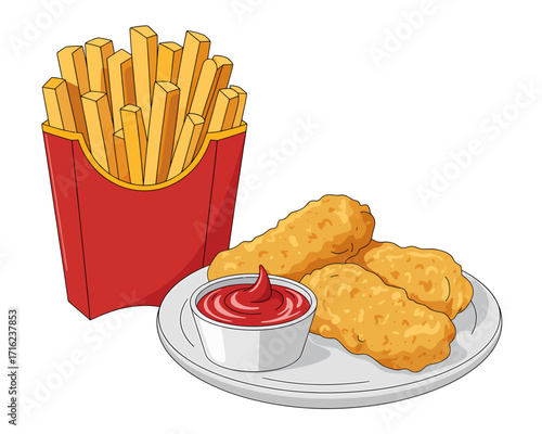 Crispy Chicken Strips with French Fries and Ketchup Illustration Fast Food Meal Concept Digital Art