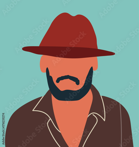 Abstract male portrait, poster. Modern trendy fashion man with beard,hat, mustach. Faceless character, unique user profile in stylish elegant headwear, Hand drawn vector illustration.