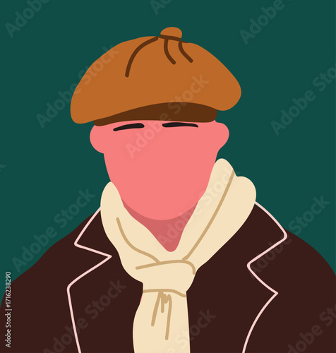 ПечатьAbstract male portrait, poster. Modern trendy fashion man with peaked cap. Faceless character, unique user profile in leather jacket. Hand drawn vector illustration.