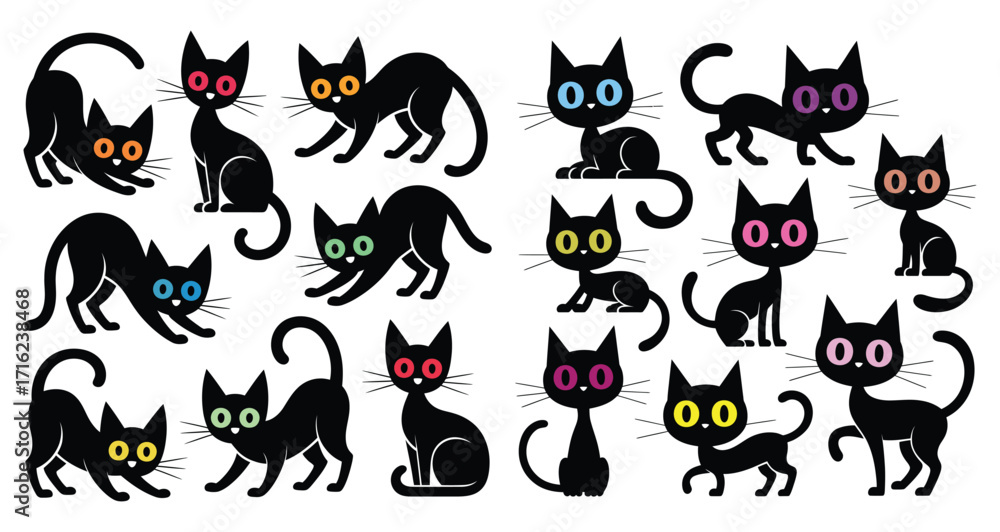 Obraz premium Set of sixteen cartoon black cats in varied poses with colorful eyes, playful expressions, and minimalist style, perfect for creative use