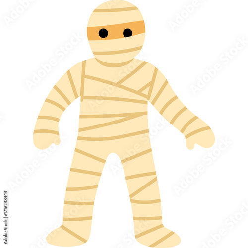 Cute cartoon mummy character wrapped in bandages, perfect for Halloween party invitations, kids’ designs, and spooky themes.