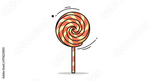 A delicious swirled lollipop candy on a stick is spinning round and round.