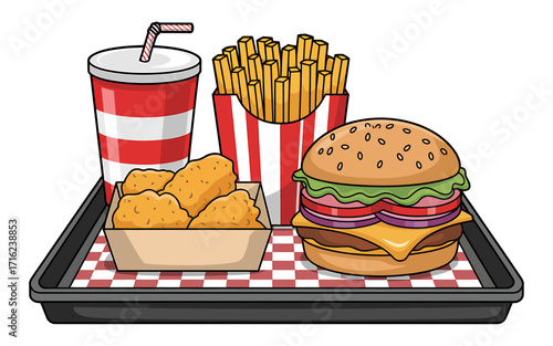 Delicious fast food combo on a tray featuring burger fries chicken nuggets and a soda drink complete meal temptation for a quick bite