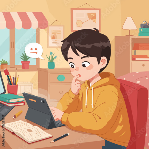 Focused student learning online with tablet, immersed in schoolwork at home, modern digital education