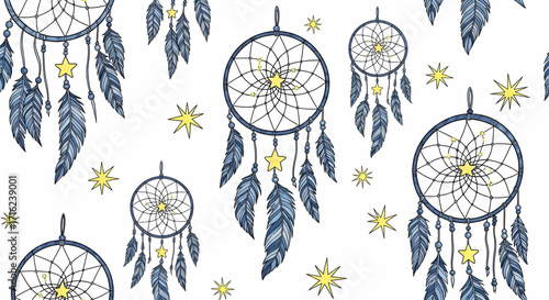 Seamless pattern of dream catchers and stars isolated on white background