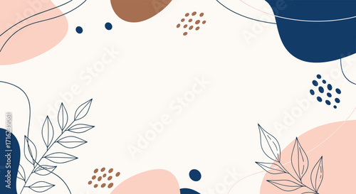 Abstract organic shapes and delicate botanical line art on a neutral background.