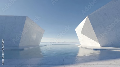 Abstract geometric structures floating on a reflective water surface under a clear blue sky