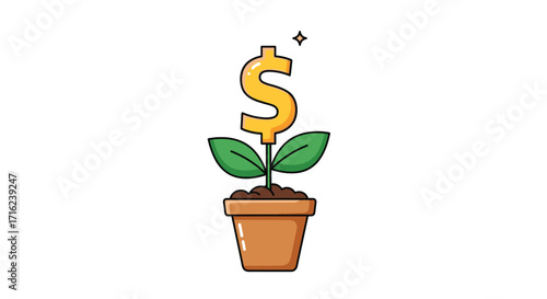 A dollar sign plant is growing in a pot with dirt and leaves.