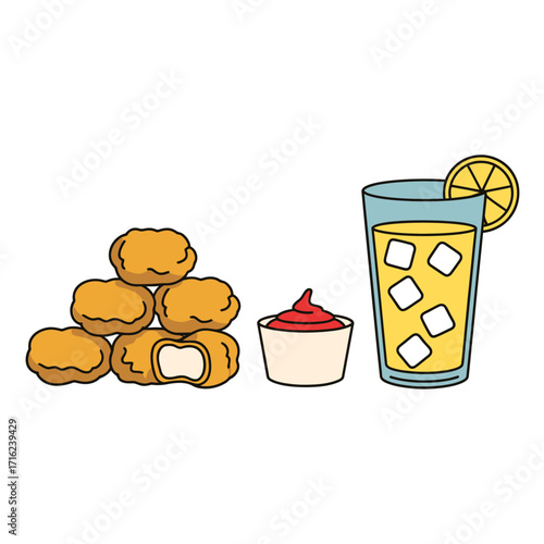 Delicious Chicken Nuggets with Ketchup and Refreshing Lemonade A Cartoon Food Illustration on White