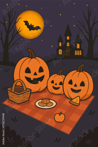 A Halloween poster featuring a bright moon, bats, and a pumpkin family enjoying an outdoor meal. EPS10