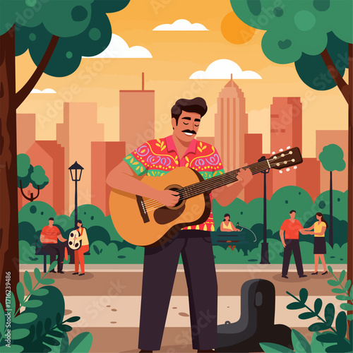 Enjoying a sunny park serenade with acoustic guitar music and casual city vibes, a relaxing urban scene