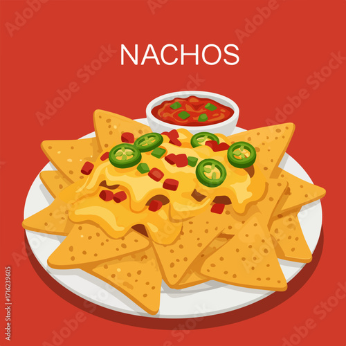 Delicious nachos with cheese, jalapenos, and salsa for a tasty snack or meal