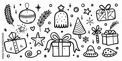 Festive hand drawn christmas icons and gifts perfect for holiday decorations and crafts
