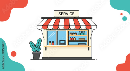 A small service kiosk with colorful decorations and products displayed inside.