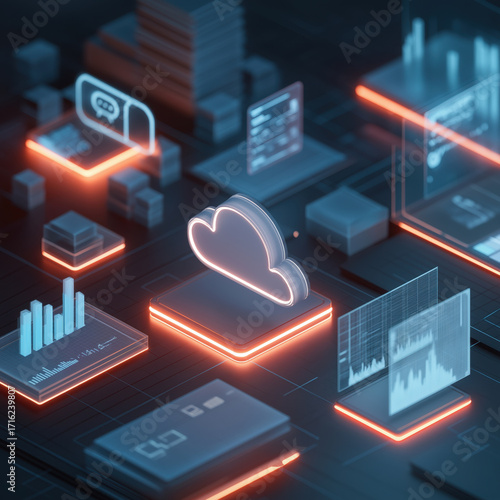 Cloud computing platform data storage visualization with neon glowing circuit and analytics dashboard, futuristic digital infrastructure and network connectivity emphasizing innovation