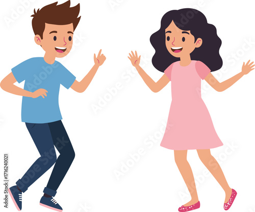Cartoon boy and girl dancing happily, children having fun, kids playing together, happy childhood illustration, friendship, joy, fun activity drawingCartoon boy and girl dancing