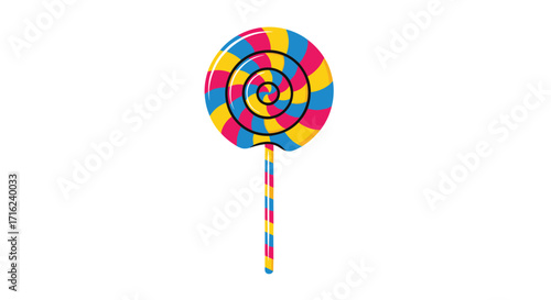 A colorful spiral lollipop on a striped stick is presented against a white background.