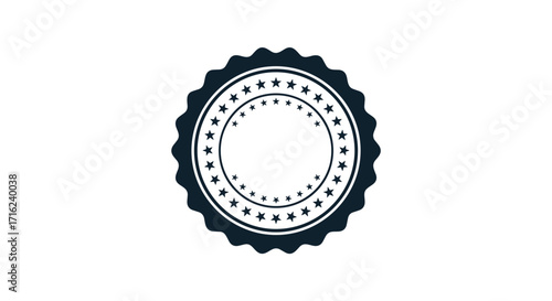 An abstract circular design featuring a dark blue serrated outer edge and an inner concentric ring filled with small stars.