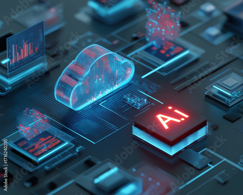 Cloud computing network with glowing AI processor and holographic data modules, futuristic digital infrastructure and cyber connectivity conveying intelligent cloud services and analytics