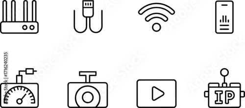 Digital network icons, Wi-Fi, router, USB cable, IP address, speed test, camera, video play, internet connection, data transfer, online streaming, tech symbol, digital communication, wireless signal, 