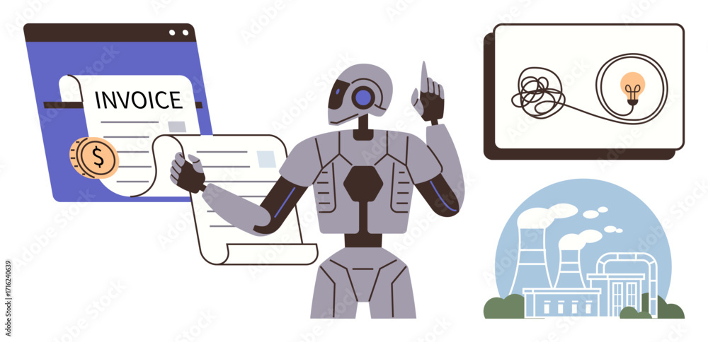 Fototapeta premium Robot reviews invoices, optimizes energy management, and addresses power efficiency on smart interfaces. Ideal for AI, automation, energy, billing, sustainability, innovation future concepts