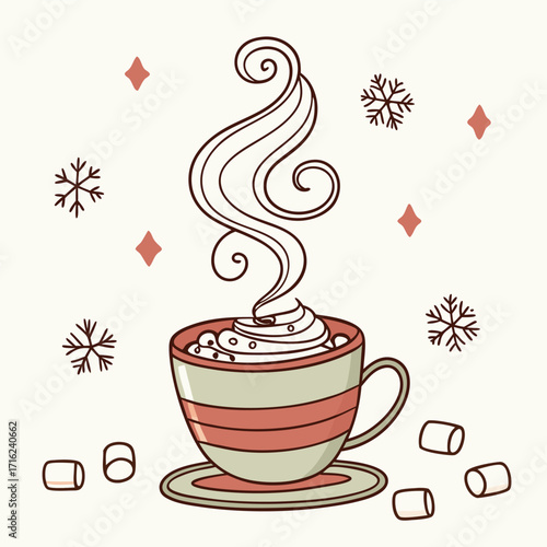 Cozy illustration of a steaming cup of hot cocoa with whipped cream and a swirl of chocolate