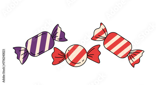 Three colorful candies with striped wrappers arranged on a white background.