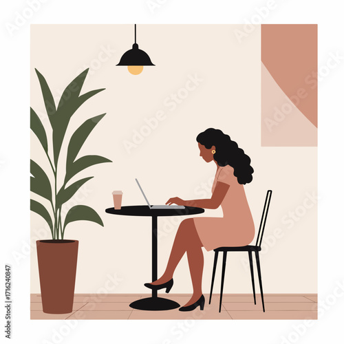 Stylish woman working remotely on laptop at cafe feeling relaxed and focused on her digital work