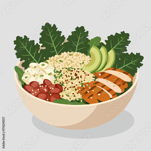 Healthy vibrant chicken quinoa bowl with avocado and kale for nutritious eating