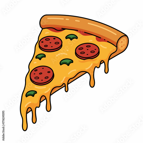 Delicious pepperoni pizza slice art, dripping melted cheese, vibrant fast food illustration