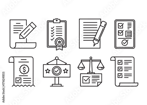 Collection of Business Document Icons Representing Compliance Legalities and Financial Concepts with Checks and Balances Depicted in Detailed Line Art