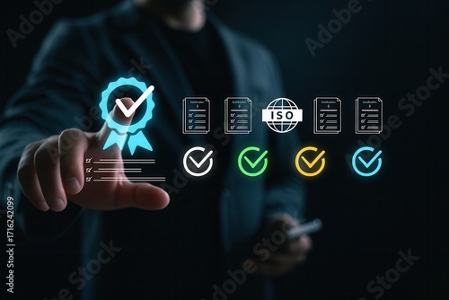 ISO certification quality assurance standards audit icon on digital interface,business compliance and document verification process,corporate accreditation checklist with guarantee label