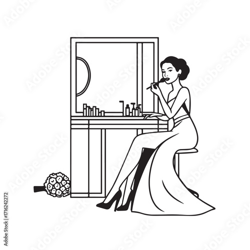 Black and white line art of a beautiful woman doing makeup at dressing table with mirror illustration