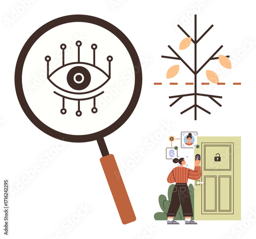 Magnifying glass with eye circuitry, decision tree, and person scanning for access. Ideal for technology, security, biometrics, innovation, artificial intelligence data analysis privacy. Simple