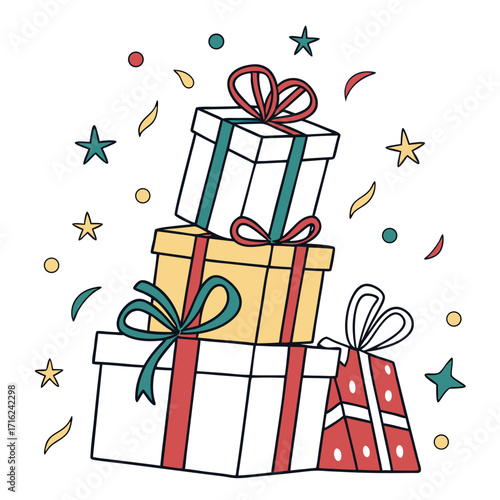 Festive illustration of stacked gift boxes with colorful ribbons and bows for celebrations
